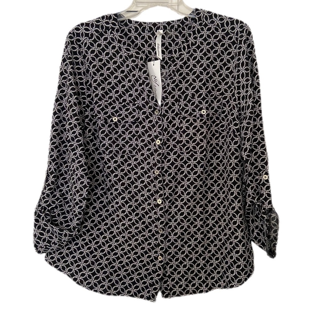 NY Collection Black and White Mandarin Collar Blouse Size Large - Picture 2 of 13
